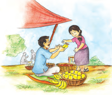 A girl is buying fruits from a seller.  He has apples, mangoes and bananas in different baskets.