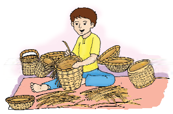 A boy is making baskets from ropes, he is holding one basket in his hand, one basket is lying in front of him, three are lying on his right side and three on his left side.
