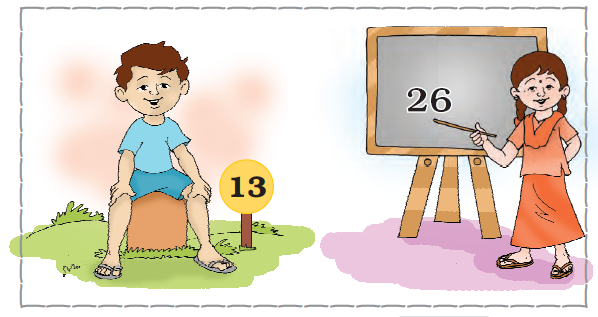 A boy is sitting near a board on which number thirteen is written and a girl has written number twenty six on a blackboard.