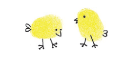 दो अंगूठों की छापों से दो मुर्गी के बच्चे बने हैं। 