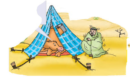 ऊंट अब तंबू की तरह झोंपड़ी के अंदर बैठा है और आदमी उसके बाहर बैठा है।