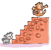 एक बिल्ली सीढ़ी के सबसे ऊपरी स्तर पर है और नीचे खड़ा एक कुत्ता बिल्ली को देख रहा है।