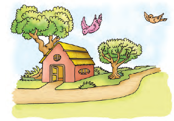 एक घर और दो पेड़ हैं। एक पेड़ घर के पास और दूसरा घर से थोड़ी दूर है। घर के पास एक चिड़िया उड़ रही है और एक छोटी चिड़िया घर से दूर पेड़ के पास उड़ रही है। 