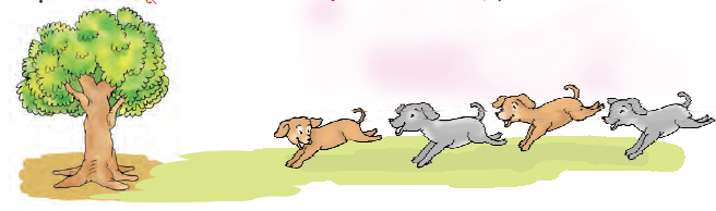 एक पेड़ है और एक कुत्ता उसकी ओर दौड़ रहा है, उसके पीछे एक और कुत्ता है, उसके पीछे एक और कुत्ता है और उसके पीछे एक और कुत्ता है, जो पेड़ से सबसे दूर है। 