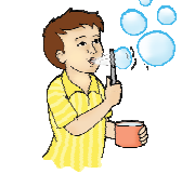 एक बच्चा अपने मुंह से बुलबुले उड़ा रहा है, बुलबुले अलग-अलग आकार के हैं। उसके मुंह के पास वाले बड़े होते हैं और ऊपर वाले छोटे होते हैं। ऊपर बाईं ओर का बुलबुला सबसे छोटा है।