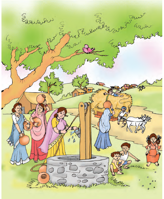 यह एक गाँव का दृश्य है, जिसमें एक कुएँ के पास एक पेड़ है, एक पक्षी पेड़ की चोटी पर बैठा है, कुछ महिलाएँ कुएँ से पानी खींच रही हैं। कुएं के पास कुछ बच्चे बैठे हैं। कुएं से कुछ ही दूर झोपड़ियां हैं और कुएं से दूर एक बैलगाड़ी भी है। 