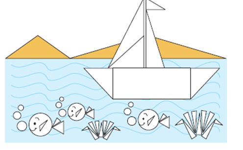 एक दृश्य जिसमें पानी में एक नाव चलती है। नाव विभिन्न त्रिभुजों से बनी है और पानी में कुछ मछलियाँ हैं। मछली वृत्तों और त्रिभुजों को मिलाने से बनी  है।