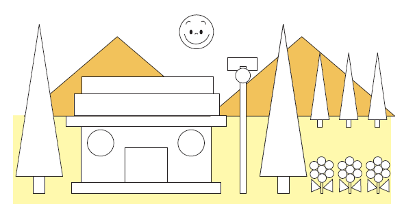 एक दृश्य जिसमें एक गोल सूर्य, कुछ त्रिभुज के आकार के पेड़, आयतों, चौकों और एक वृत्त से बना एक घर, एक वृत्त, आयत और फूलों से बना एक खंभा होता है। 