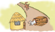 मेमना ढोलक में से निकलकर अपने घर की ओर भाग रहा है, जिसका द्वार खुला है। भेड़िया ढोलक के पीछे भाग रहा है। 