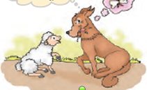 एक भेड़िया भेड़ के बच्चे से कह रहा है कि वह उसे खा जाएगा। 