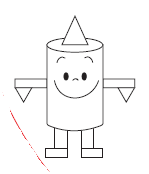 बीच में एक बेलन और भुजाओं पर त्रिभुज, वर्ग और आयतों से बनी एक आकृति। 