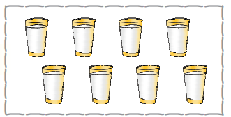 पहली पंक्ति में चार गिलास और दूसरी पंक्ति में चार गिलास हैं। 