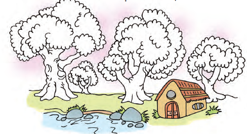 एक झोपड़ी के पास तीन पेड़ हैं। 