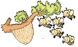 पाँच मधुमक्खियाँ एक पेड़ पर लटकी हुई शंकु के आकार की बॉक्स जैसी संरचना की ओर जा रही हैं, जिसे मधुमक्खी का छत्ता कहा जाता है। 