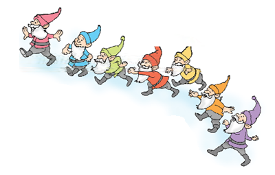 दाढ़ी वाले और शंकु के आकार की टोपी पहने सात छोटे आदमी एक साथ एक पंक्ति में घूम रहे हैं। 