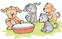 एक खाली कटोरी के पास बैठे चार पिल्ले। 