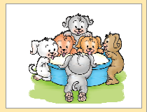 अब दूध के कटोरे के चारों ओर छह पिल्ले हैं।