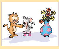 एक बिल्ली और एक चूहा है और फूलदान में अब सात फूल हैं। 