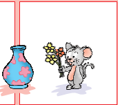 फूलदान है और एक चूहा तीन फूल लिए हुए है