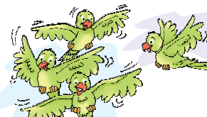 चार तोते उड़ रहे हैं। 