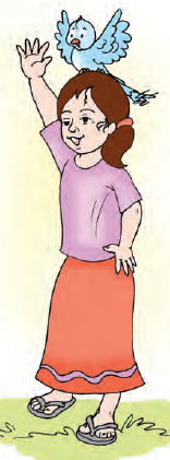 लड़की के सिर पर बैठा पक्षी।