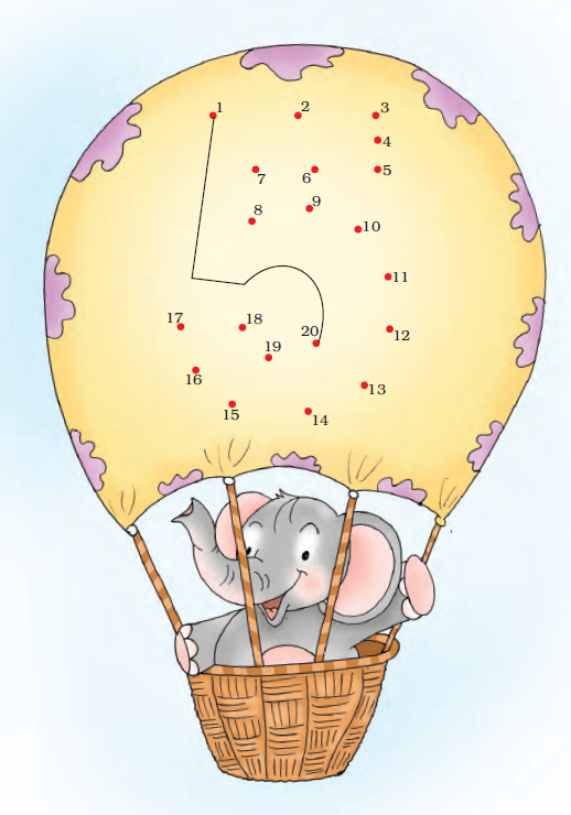 एक गर्म हवा के गुब्बारे में एक से बीस तक की संख्या जोड़नी होती है, जिसमें एक हाथी बैठा है।