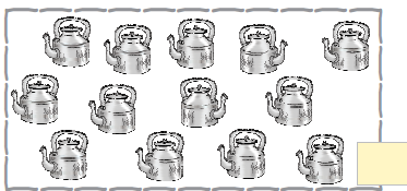 पहली पंक्ति में पाँच चाय के बर्तन, दूसरी पंक्ति में चार चाय के बर्तन और तीसरी पंक्ति में चार चाय के बर्तन हैं। 