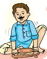 एक आदमी बेलन के साथ बोर्ड पर पूरी बेल रहा है। 