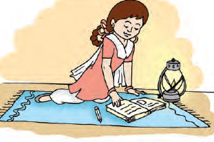 बच्ची चटाई पर बैठ कर पढ़ाई कर रही है. उसके पास एक दीपक रखा है। 