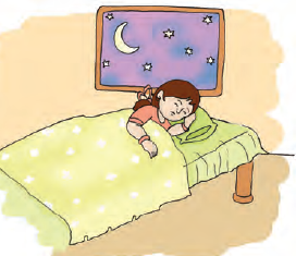 बच्ची रात में अपने बिस्तर पर सो रही है। आसमान में चांद और तारे चमक रहे हैं। 