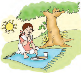 लड़की दोपहर का खाना खा रही है।