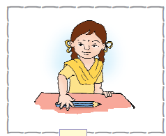 एक लड़की अपने हाथों से एक पेंसिल की लंबाई नाप रही है। 