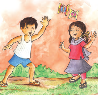 एक लड़की और एक लड़का दो तितलियाँ देखकर खुश  हैं 