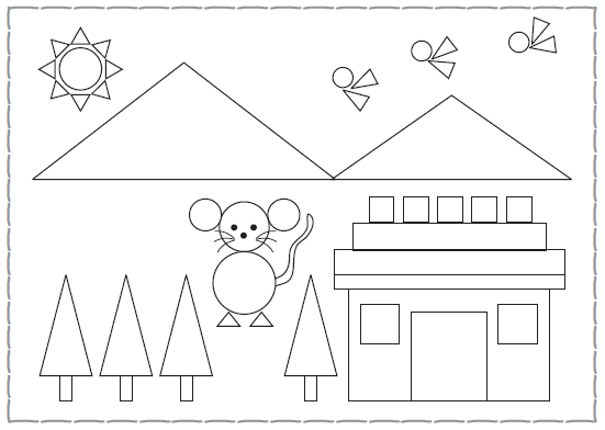 आकृतियों द्वारा बनाया गया एक दृश्य। त्रिकोणीय किरणों वाला एक गोल सूर्य है। दो त्रिभुज के आकार के पहाड़ हैं, तीन पक्षी उड़ रहे हैं, एक वृत्त और दो त्रिभुजों का उपयोग करके बनाया गया है। त्रिभुज के आकार के चार पेड़ हैं, वर्गाकार और आयत आकृतियों से बना एक घर, वृत्त और छोटे त्रिभुजों से बनी एक बिल्ली भी है। 