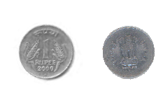 एक रुपये के सिक्के के दोनों किनारों को दिखाया गया है, यह गोल आकार का है और एक तरफ नंबर एक लिखा है और दूसरी तरफ हमारा राष्ट्रीय प्रतीक है, जिस पर चार शेर पीछे-पीछे खड़े हैं। 