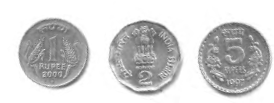 एक रुपये का सिक्का, दो रुपये का सिक्का और पांच रुपये का सिक्का। 