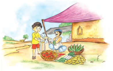 एक लड़का विक्रेता से सब्जी खरीद रहा है। उसके पास अलग-अलग टोकरियों में खीरा, आलू, टमाटर, मूली हैं। 