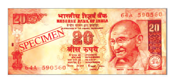 एक बीस रुपये का नोट, यह आकार में आयताकार है। इसमें हमारे राष्ट्रीय प्रतीक महात्मा गांधी के चित्र हैं और बीच में बीस नंबर लिखा है। 