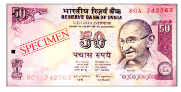 एक पचास रुपये का नोट, यह आकार में आयताकार है। इसमें हमारे राष्ट्रीय प्रतीक और महात्मा गांधी के चित्र हैं और बीच में पचास की संख्या लिखी हुई है। 