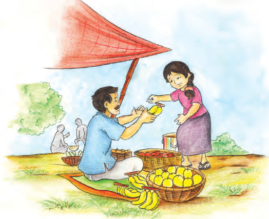 एक लड़की विक्रेता से फल खरीद रही है। उसके पास अलग-अलग टोकरियों में सेब, आम और केले हैं। 