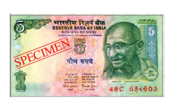 पांच रुपये का नोट, यह आकार में आयताकार है। इसमें हमारे राष्ट्रीय प्रतीक और महात्मा गांधी के चित्र हैं और बीच में पांच नंबर लिखा है। 