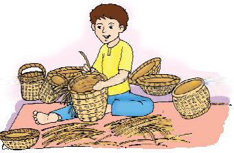 एक लड़का रस्सियों से टोकरियाँ बना रहा है, उसके हाथ में एक टोकरी है, उसके सामने एक टोकरी पड़ी है, तीन उसकी दाहिनी ओर और तीन उसकी बाईं ओर पड़ी हैं। 