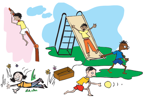 A boy is sliding down a slide swing, another boy is sliding down from a pipe. One boy is playing with a ball, one boy is dragging a box with a thread. One girl is lying on the grass.