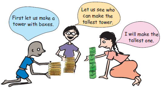 Two boys and one girl are making towers with boxes, by putting one box over the other. The girl has made the tallest tower.