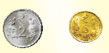 A two rupee coin and a five rupee coin is standing positions.