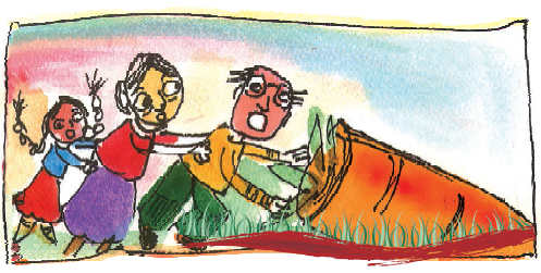 The old man, the old woman and their granddaughter are trying to pull out the carrot.