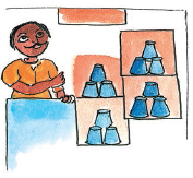 There is a man and four groups of cups are kept and there are three cups in each group.