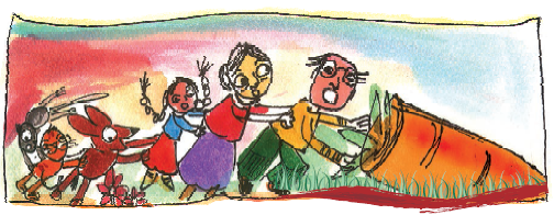 A mouse, a dog, a cat , the old man, the old woman and their granddaughter are trying to pull out the carrot.
