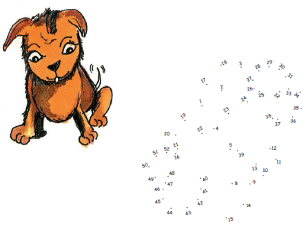 There is a dog and some dots are to be joined from number twenty one to fifty two.