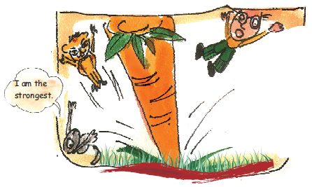 The carrot came out of the ground and the mouse, cat, the old men all fell down.